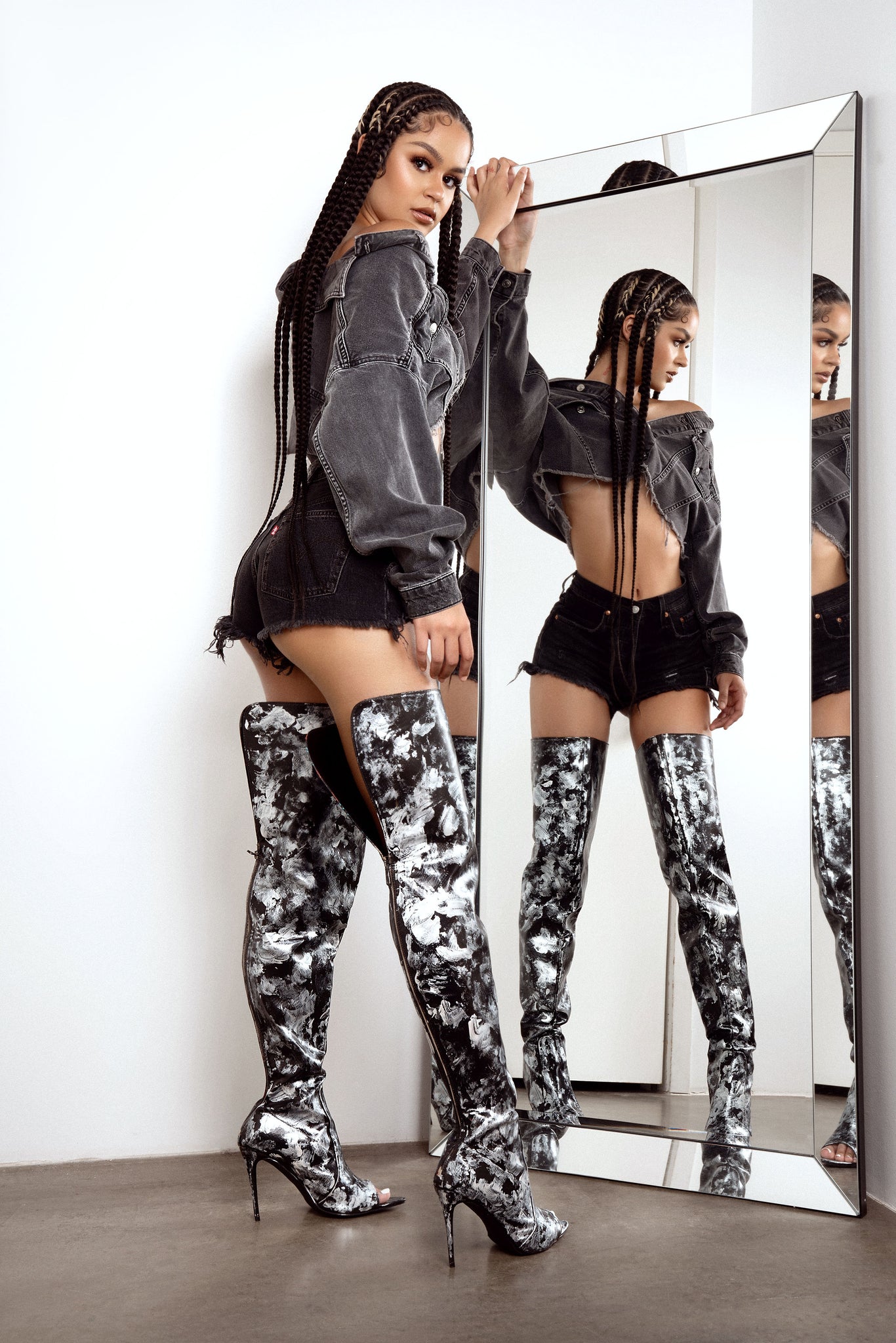 Marlee faux snake thigh high open toe stiletto heel boot